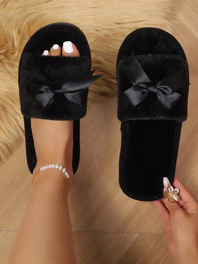 New Women Solid Color Bow Decor Fluffy Open Toe House Slippers, Comfortable Plush Slip-On Slippers For Women, Suitable For Bedroom And Living Room, All Season