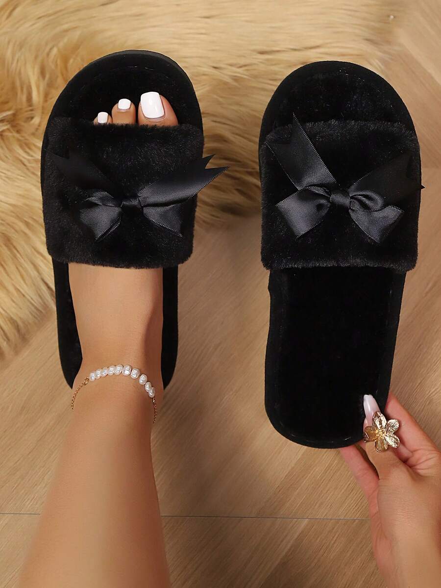 Sandal Rumah Wanita Warna Polos Terbaru dengan Hiasan Pita dan Ujung Terbuka, Sandal Lantai Dalam Ruangan yang Nyaman untuk Semua Musim