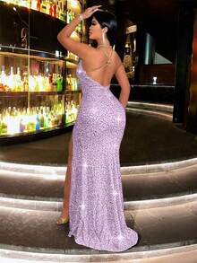 CHOSMO Lavender Fitted Sequin Metal Chain Strap Backless High Waist Slit Dress, Elegant Ladies' Formal Gown For Ball, Cocktail Party, Wedding Guest, Formal Occasion - Mauve Purple - View 10