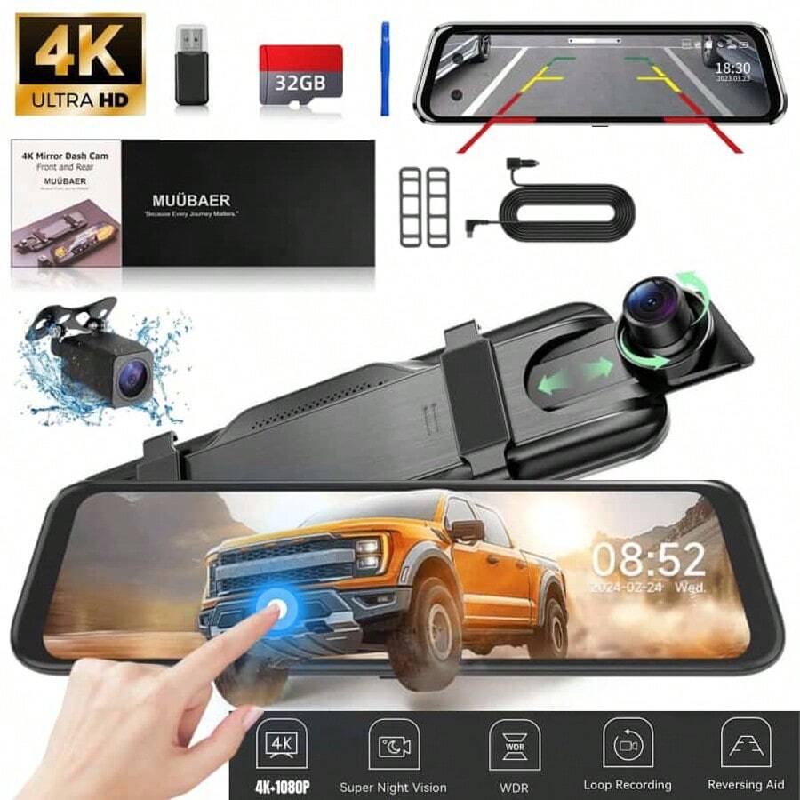 4K Ultra HD Mirror Dash Cam - 9.66" Large Screen Touch, Anti-Glare Rear View Mirror Camera With Super Night Vision, Front And Rear Dual Lens, 32GB Card Included - Luxury Edition:4K Dual Dashcam+32G Card - View 1
