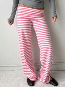 Fold Over Yoga Pants For Women Y2K Striped Low Rise Wide Leg Leggings Sweatpants Cozy Stretchy Foldover Lounge Pants Going Out Clothes - Hồng - Xem 1