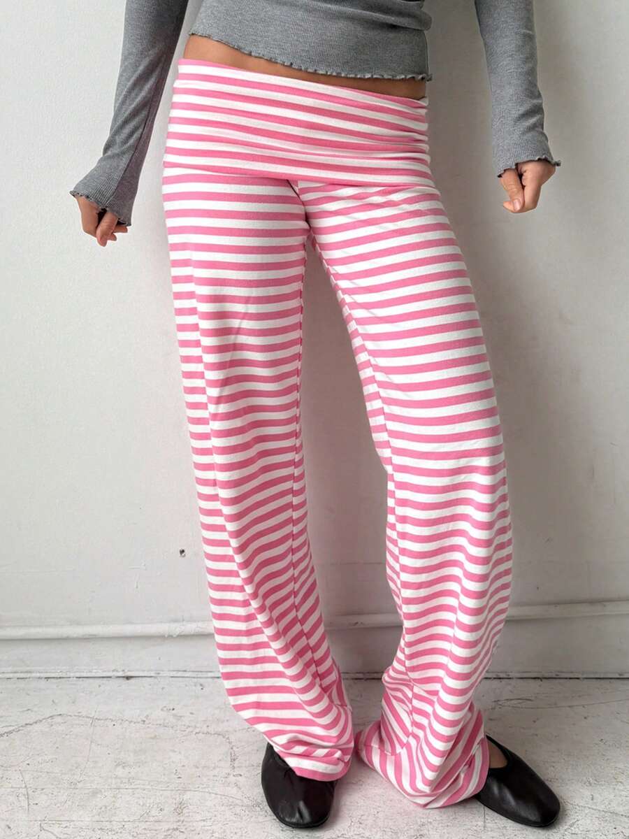 Fold Over Yoga Pants For Women Y2K Striped Low Rise Wide Leg Leggings Sweatpants Cozy Stretchy Foldover Lounge Pants Going Out Clothes - Hồng - Xem 1