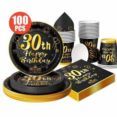 30th Birthday Black & Gold Disposable Plates, Napkins, Cups, 25 Guests Party Supplies Set, Suitable For Birthday, Wedding, Theme Party, Family Picnic