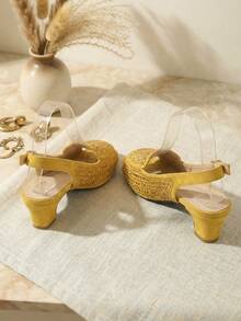 1双女童水钻装饰圆头高跟凉鞋，金色亮面踝带礼服鞋，夏季优雅派对鞋 - 黃色 - 查看 3