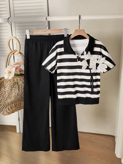The Chinese University Of Hong Kong Women's Casual & Formal Elegant Back-To-School Outfit, Featuring A Black & White Striped Colorblock Floral Blouse Paired With Elastic Waist Black Houndstooth Straight Leg Cropped Pants, Suitable For Summer, Spring, Outings, Vacations And Casual Occasions.