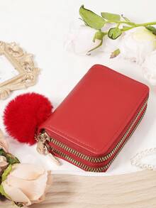Decorated With A Furry Pom Pom Charm,Double Zipper,Versatile Coin Wallet,Letter Graphic Card Holder Multi-Card Card Organizer For Storage Credit Cards School Supplies For School Dorm Room - Red - View 6