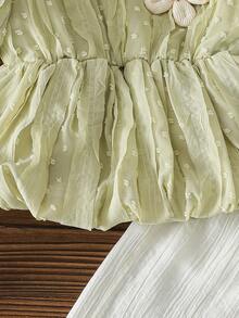 Young Girl' Fashionable Casual Cute Set, Floral Puff Sleeve Crop Top + Loose Simple Shorts - Mint Green - View 5