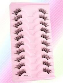 10 Pairs Natural Criss-Cross Half-Eye False Eyelashes, 3D Lengthening Transparent Stem Faux Mink Makeup Curly Lashes, Suitable For Girls Daily Dating To Enlarge Eyes - 黑色 - 查看 2