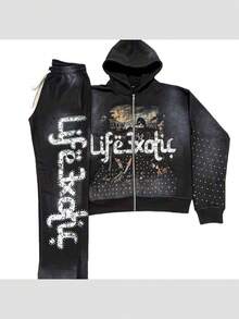 Conjunto de sudadera con capucha para hombre estilo urbano hip hop con estampado cremallera y pantalones con cordón vintage lavado - pantalones negros - Ver 2