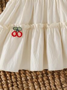 Baby Girls' Sleeveless Apricot Sweet Fashion Cute Cherry Embroidery Peter Pan Collar Princess Dress, Summer - Apricot - View 7