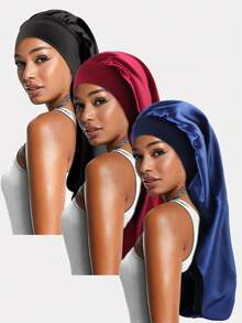 3pcs Women's Multi-Color Long Hair Sleeping Cap, Faux Silk Stretchy Turban Headband, Beauty Hair Care Headwear