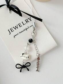 1pc Cute Cat & Fish Pendant Keychain, Personalized Phone Charm, Backpack Decoration, Camera Accessory