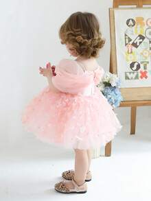 Baby Girls' Elegant Butterfly Applique Party Dress, Princess Dress Suitable For 1st Birthday Party, Wedding, Easter, Important Occasions - Pink - View 6