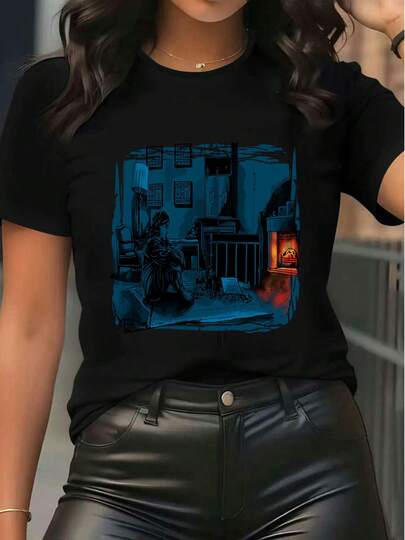 Women's Short Sleeve Graphic T - Shirt Vintage Dark Academia Indoor Scene Print Crew Neck Casual Cotton Blend Top For Summer Streetwear Daily Outfits