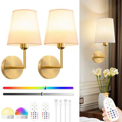 Lámpara de pared recargable con batería, lámpara de pared recargable dorada con 2000mAh, regulable, bombilla extraíble y control remoto, lámpara de pared inalámbrica de 15 colores para decoración de dormitorio, sala de estar y pasillo