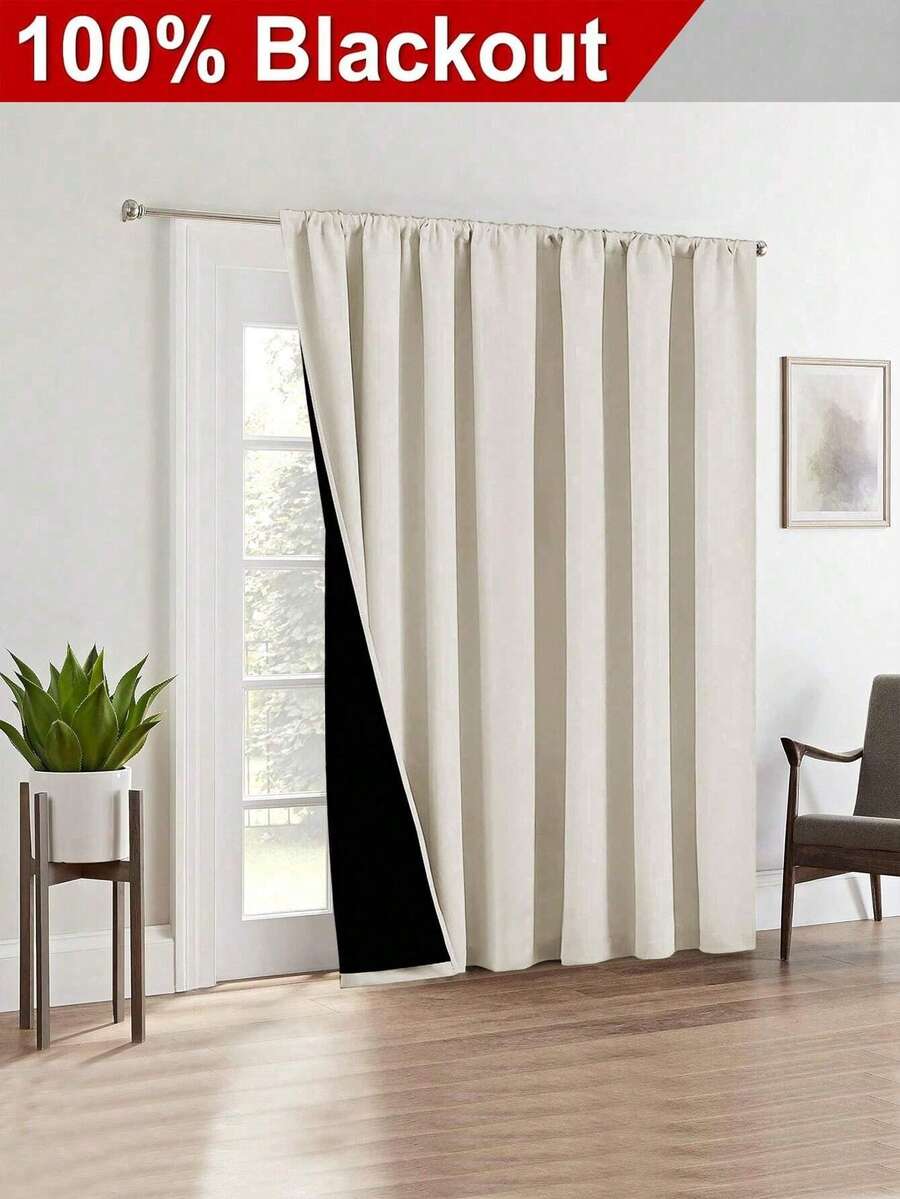 1pc Blackout Thermal Insulated Curtain - 99% UV-Resistant Polyester, Rod Pocket Hanging, Non-Bleachable Plain Weave, Bedroom Art Theme, Coated Blackout Thermal Insulation, , Noise Reduction - Ideal For Bedroom, Farmhouse And School Deep Sleep, 110gsm - Beige - View 1
