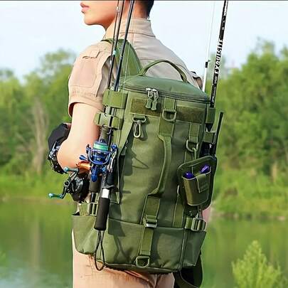 大容量钓鱼旅行背包 - 配有可转换肩带、多个拉链隔层，便携式户外背包，适合狩猎、露营、钓鱼、徒步旅行、户外探险