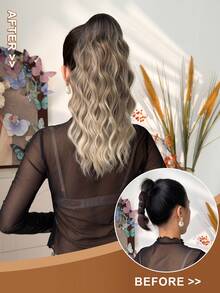 16 Inch Brown Ombre Black To Brown To Gray Wavy Synthetic Fiber Ponytail Hair Extension, Suitable For Women Christmas, Halloween, Music Festival, Party And Daily Use - Two-Tone - View 5