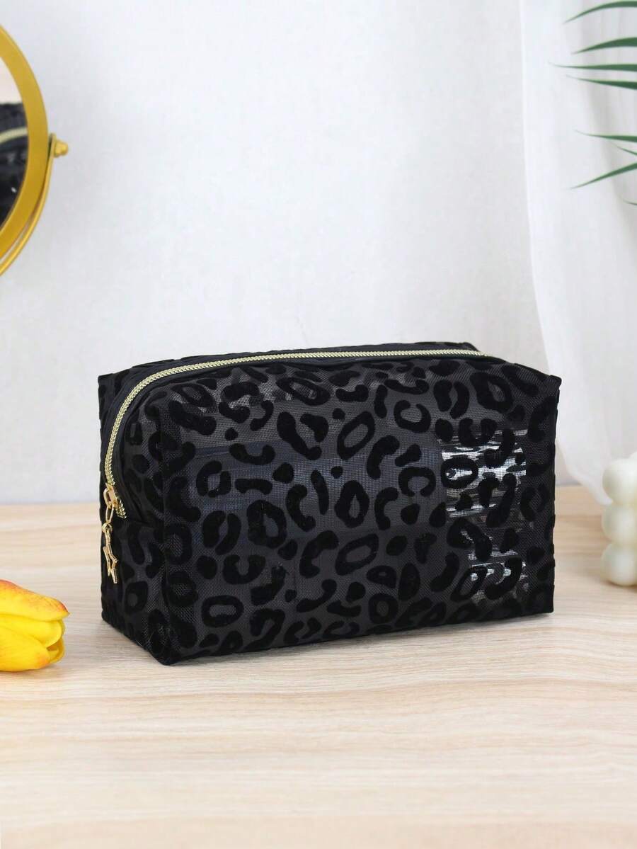 1pc Women's Mesh Lining Cosmetic Bag Portable Travel Home Makeup Organizer Pouch Toiletry Bag Dorm Room Essential Storage Bag For Daily Use Vacation Trip - Black - View 1
