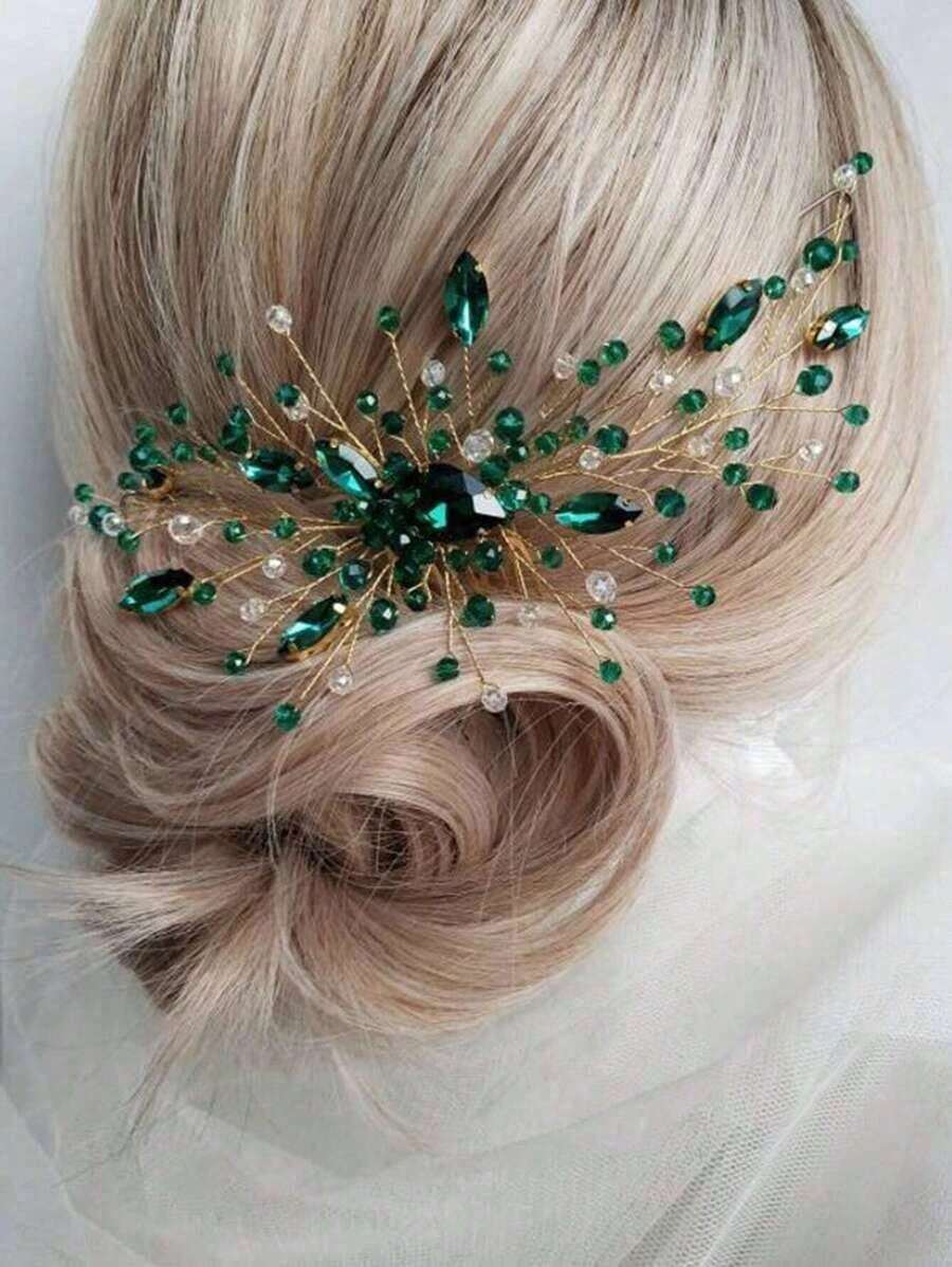 1pc Women's Handmade Green Glass Long Hair Comb Headpiece Bride Wedding Party Elegant, Crown Combs Hair Side Comb, School Stuff, College, Hair Accessories - Green 2 - 查看 1