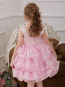 Young Girl Pink Sequin Black Mesh Valentine's Day Party Dress, Elegant Princess Dress Suitable For Girls Birthday Party, Flower Girl Wedding, Prom, Easter, Graduation - Pink - View 2