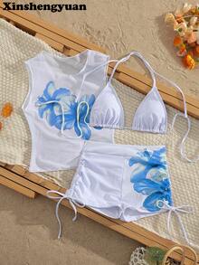 Xinshengyuan 3pcs/Set European And American Fashion,New Year's,Valentine's Day Costumes,Detachable Swimwear Pad,Cute Casual Halter Neck Backless Drawstring Bikini Set With Hibiscus Floral Print And Sheer Top,Luxury Sexy Elegant Slimming Seaside Beach Party ,Pleated Briefs Pants With Drawstring On The Side,Stylish Swimwear. - Multicolor - View 8