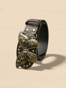 Women's Retro Butterfly Buckle Belt, Brown Embossed Waist Strap With Rhinestones, Bohemian Fashion PU Leather