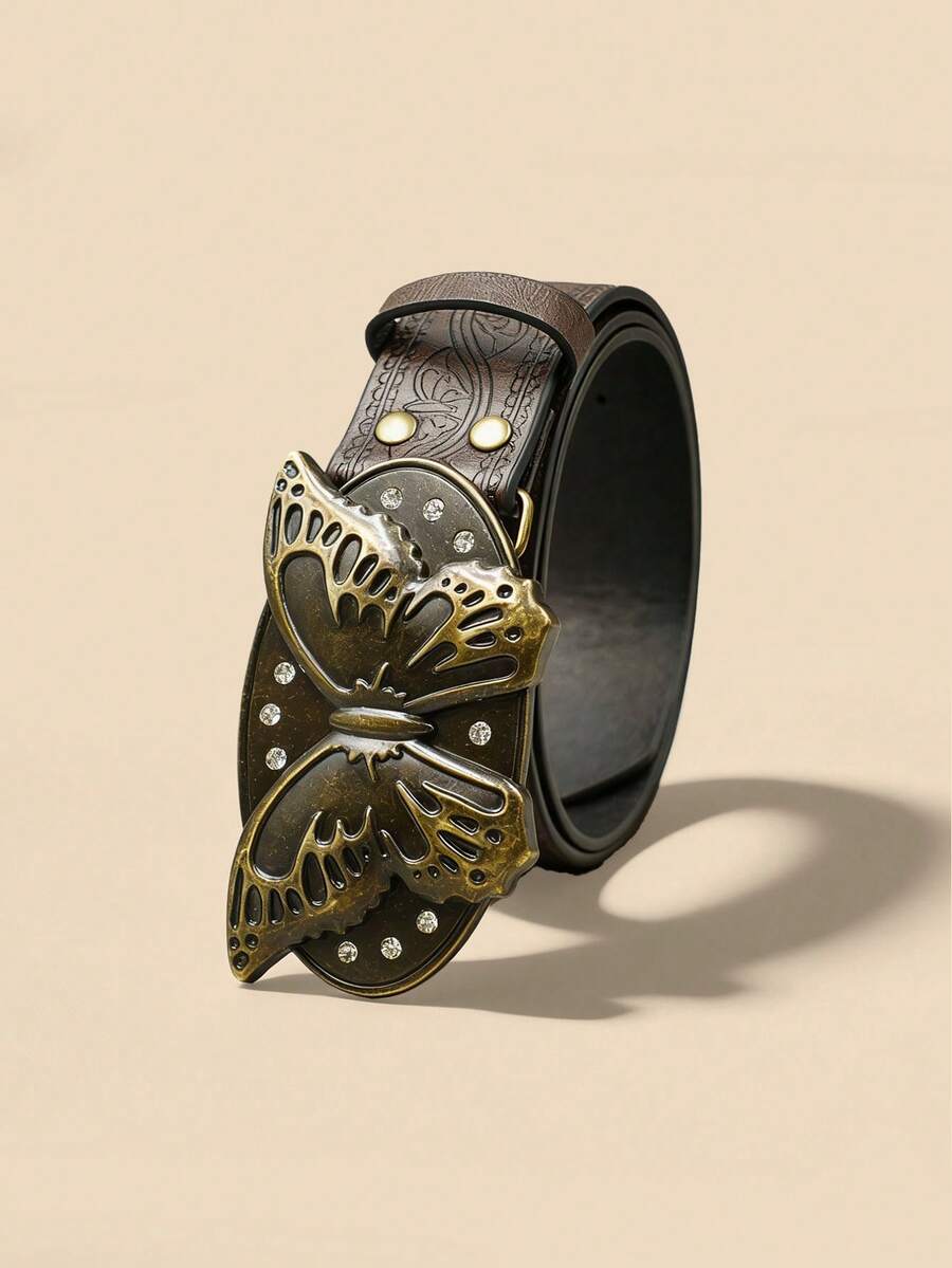 Women's Retro Butterfly Buckle Belt, Brown Embossed Waist Strap With Rhinestones, Bohemian Fashion PU Leather