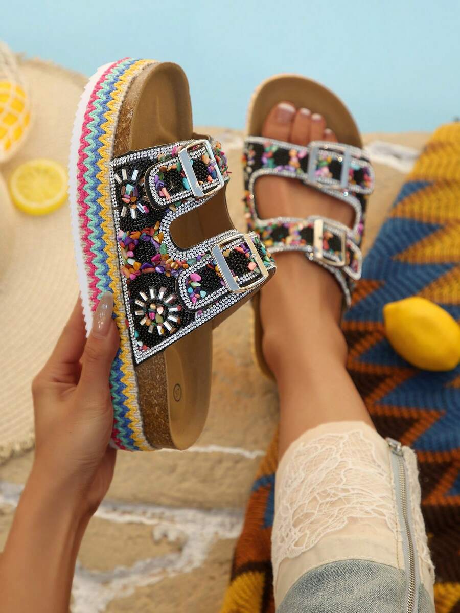 2025 Spring/Summer New Women's Sandals, Double Strap With Rhinestones, Fashionable Thick Sole Slippers, Random Floral Patterns, Essential For Vacation & Beach, Suitable For All-Day Wear