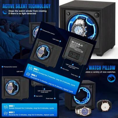 Isili Single Watch Winder For Automatic Watches Auto Start-Stop Watch Winders Box For Watch Lovers With Quiet Motor 2 Rotation Mode Setting Blue Light Elastic Watch Pillows Gift For Man