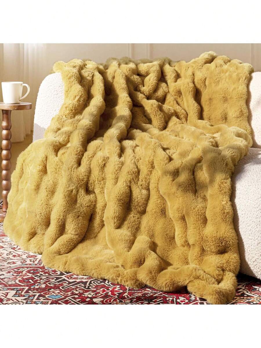 Ultra Soft Cozy Faux Fur Throw Blanket, Fuzzy Plush Thick Bubble Blanket, Oversize Luxury Fluffy Blanket For Couch, Sofa, Bedroom, And Living Room,50x60 Inches, Dark Yellow,40008323 - 黃色 - 查看 1