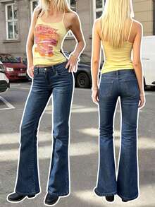 BLTN 新款女士春季 Y2K 风格修身休闲长款喇叭牛仔裤，带拉链、纽扣和口袋，中等弹力梭织面料，新年穿搭，情人节必备