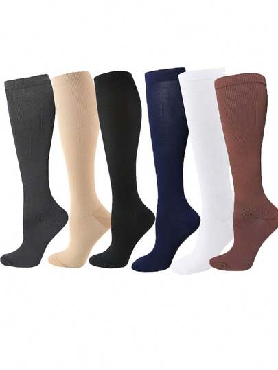 6 Pairs Solid Color Sports Compression Socks, Calf High Pressure Stockings, Polyester Running Nurse Anti-Varicose Elastic Compression Socks