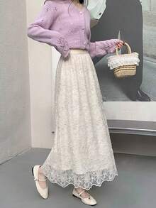 2023 Spring French Romantic Lace Jacquard Embroidered High Waist A-Line Long Skirt, Elegant And Slimming - Apricot - View 8