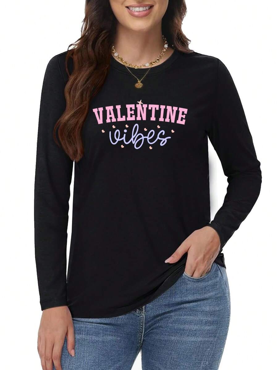 2026 Plus Size Women's Clothing, Women's Plus Size Loose Long Sleeve T-Shirt - Valentine's Day Atmosphere Pink And Black Heart Print Casual Round Neck Top, Valentine's Day Outfit, Casual Wear, Pink Letter Top (Machine Washable, Suitable For All Seasons) - Suitable For Plus Size Loose And Comfortable, Casual And Easy-Going, Hoodie, New Year Outfit Women - 黑色 - 查看 1