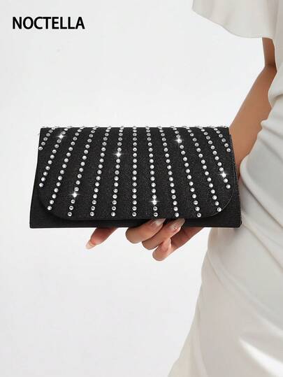 Noctella Glistening Black Clutch With Striped Rhinestone Embellishments A Luxurious Evening Accessory Featuring Sparkling Striped Rhinestones And Sleek Envelope Design Perfect For Parties Dinners And Events Elevating Eye-Catching Ensembles It Is The Best Gift For Women