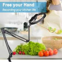 合金金属顶置三脚架支架，适用于相机、网络摄像头、环形灯，长臂可调节高度，带手机支架和球形云台，桌面懒人臂夹式手机支架配件，适用于直播、视频录制，生日礼物 - 01黑色 - 查看 8