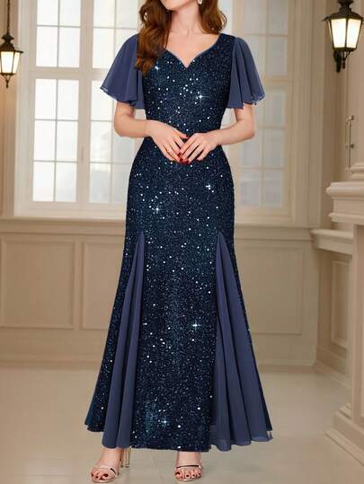 Đầm dự tiệc cưới cho nữ, đầm phù dâu, đầm dạ hội in họa tiết bằng chiffon và đính sequin, đầm dự tiệc, đầm prom.