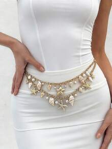 1件波西米亚风海洋元素海星贝壳仿珍珠吊坠多层腰链/身体链，时尚个性创意3D海星贝壳吊坠身体饰品，适合女性日常、度假、派对佩戴