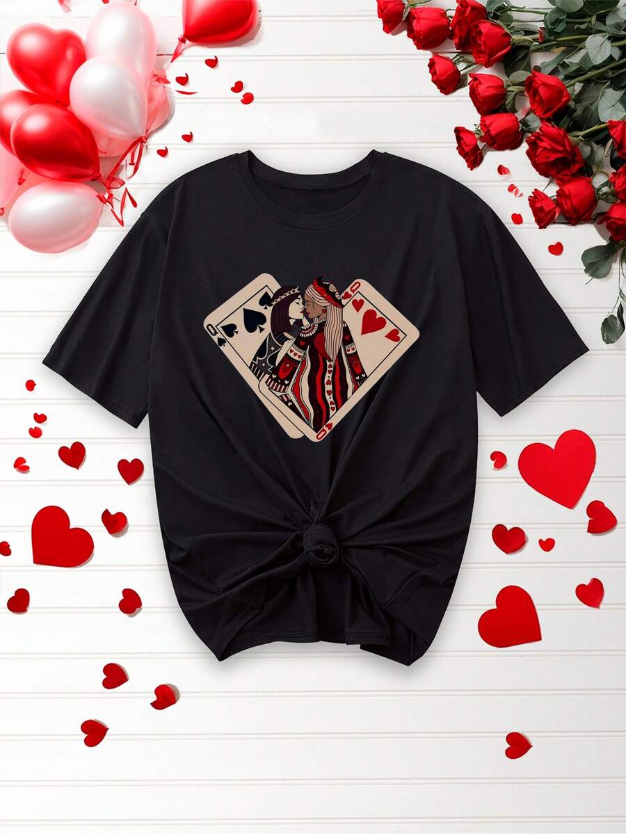[Sporty T-Shirt]2026[Rainbow Lesbian T-Shirt] LGBT Rainbow Valentine's Day Lesbian-Themed Short-Sleeve T-Shirt |   Women's Clothing, Spring And Summer |   Relaxed Fit |   Plus Size - 黑色 - 查看 1
