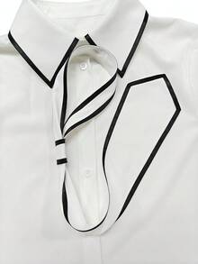 Áo sơ mi nữ thanh lịch màu trắng, cài một hàng khuy, viền đen tương phản, cổ áo buộc rời, tay ngắn, thích hợp cho công sở, mùa xuân/hè. - trắng - Xem 7