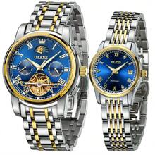 OLEVS Couple Watches For Men And Women Self Winding Fashion Stainless Steel Waterproof His And Hers Watch For Valentines Anniversary Wedding Romantic Chrismas Gifts, Luxury Watches Set Of 2 - 金藍色 - 查看 1