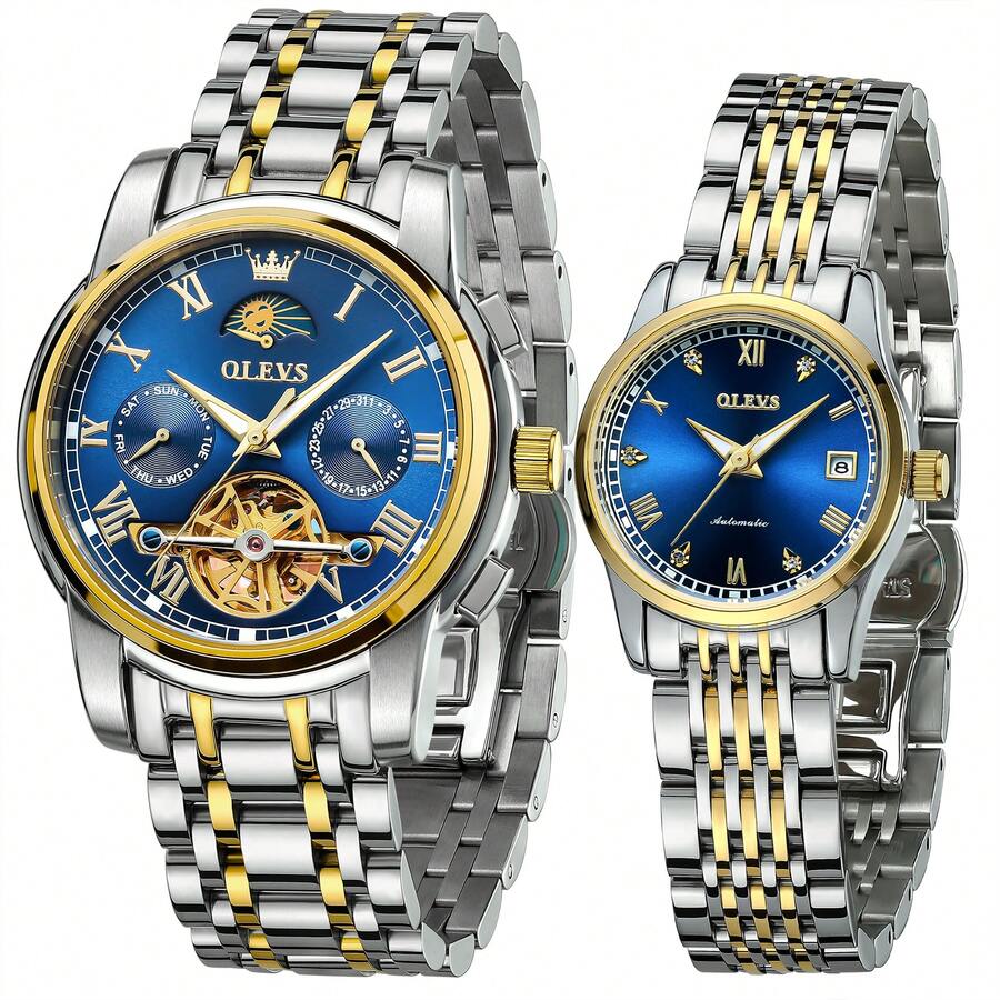 OLEVS Couple Watches For Men And Women Self Winding Fashion Stainless Steel Waterproof His And Hers Watch For Valentines Anniversary Wedding Romantic Chrismas Gifts, Luxury Watches Set Of 2 - 金藍色 - 查看 1