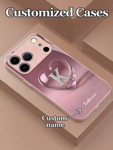 1pc Customizable Text & Letter Design With Transparent Heart Pattern Tempered Glass Phone Case, Compatible With IPhone 17 Pro Max/17 Air/16 Pro Max/15 Pro/14 Plus/13 Pro/12 Pro Max/11/Xs Max/8/7/6 Plus, S24 Ultra/S25 Ultra/A12/A55/A31/A22, Fashion Business Customization, Best Gift For Friends And Family - Pink - View 4