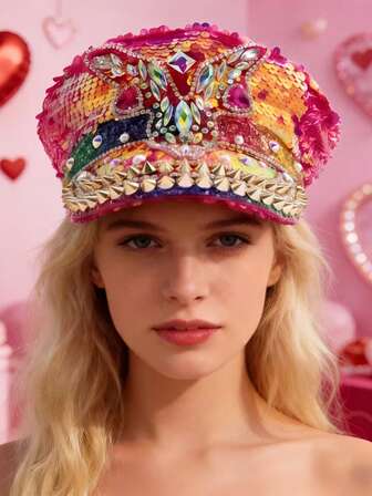 1顶闪亮涤纶蒸汽朋克水钻船长帽，男女通用，适合狂欢节、新年、情人节、游行、酒吧、派对、音乐节、圣帕特里克节、冬季、单身派对等场合佩戴。