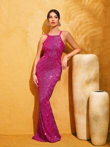 LOVE&LEMONADE Women's Fuchsia Sequin Backless Spaghetti Strap Elegant Sleeveless Formal Mermaid Evening Dress - Hot Pink - View 1