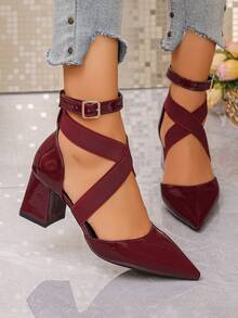 Giày cao gót mũi nhọn, gót chunky, quai chéo, màu đỏ rượu vang mới năm 2026, thích hợp cho công sở, hẹn hò và mang hàng ngày. - Màu Đỏ Sâu - Xem 15