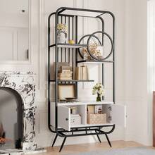80 x 30 x 180 cm Metallregal, blanc Lagerschrank avec Doppeltür, trois Regalböden, schwarzes Metallregal, high Metallfüße, décoration ronde, blanc + noir - Noir - Voir 2