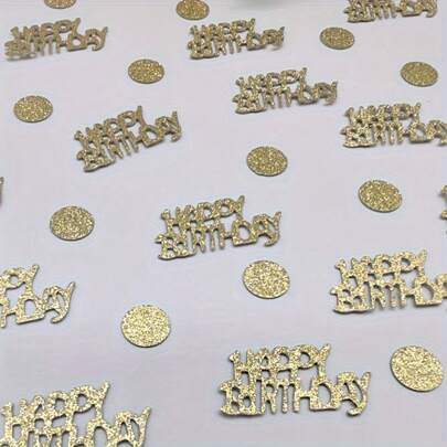 100pcs/200pcs Gold Glitter Happy Birthday Polka Dot Confetti, Glitter Happy Birthday Confetti, Round & Lettered Design, Suitable For Birthday Parties, Birthday Celebrations, Adult Birthdays, Weddings, Anniversaries, Gold Glitter Party Supplies, Tabletop Scattering Decor, Indoor & Outdoor Use, Birthday Party Decorations, Home Decor