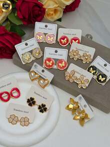 18 Elegant Ladies' Earrings, Pearl Earrings, Stainless Steel Earrings, Delicate Little Butterflies, Four-Leaf Flowers, Five-Leaf Flowers, Six-Leaf Flowers, Geometric Multi-Element, Elegant Style, Anti-Allergy Stainless Steel Earring Set, The Best Jewelry Earrings For Female Friends. - Multicolor - View 2